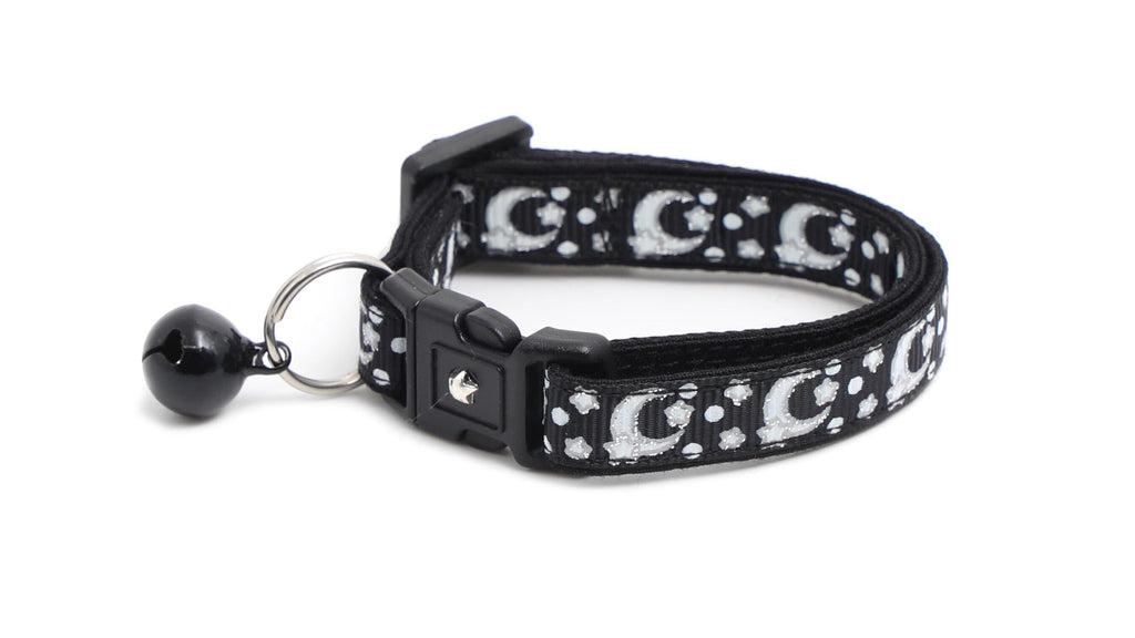 Silver Moons and Stars on Black Cat Collar-0