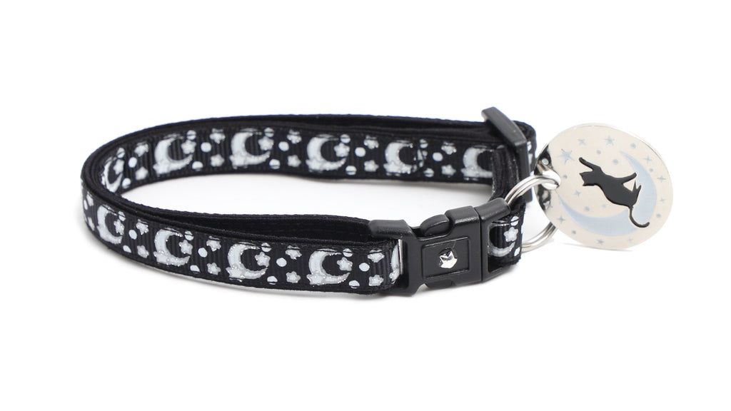 Silver Moons and Stars on Black Cat Collar-4