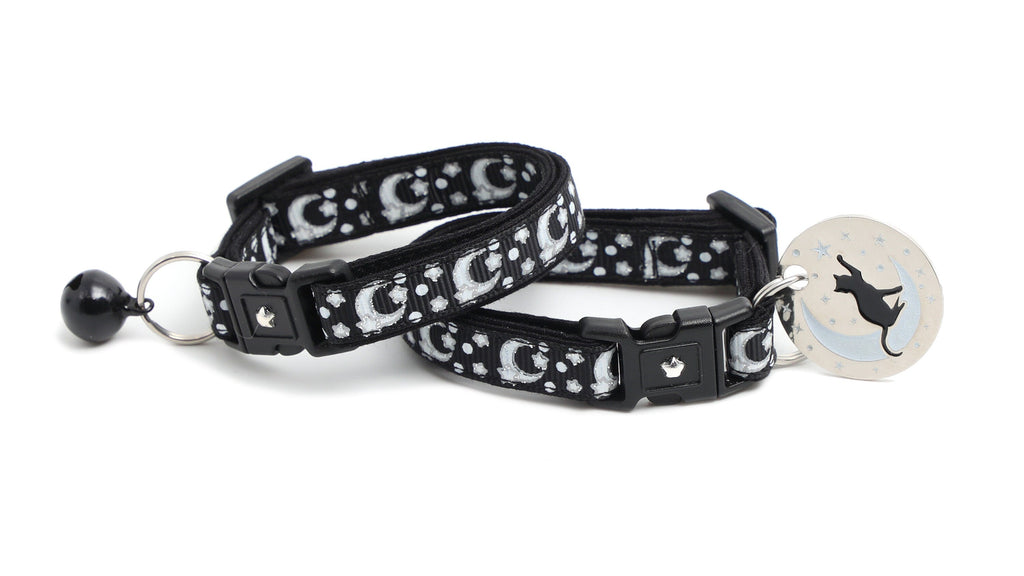 Silver Moons and Stars on Black Cat Collar-2