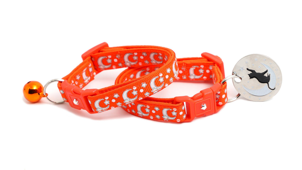 Silver Moons and Stars on Orange Cat Collar-2