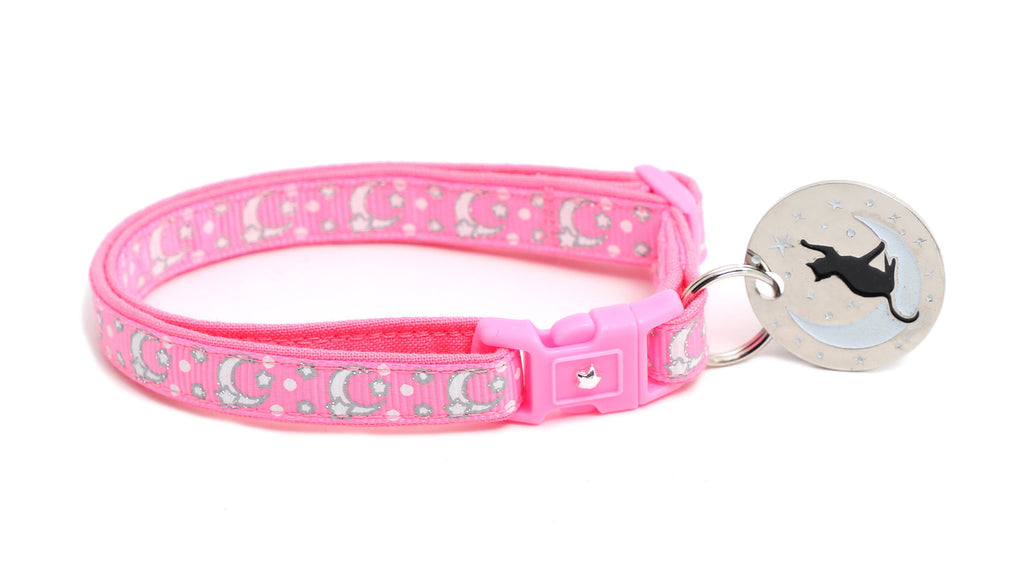 Silver Moons and Stars on Peony Pink Cat Collar-4