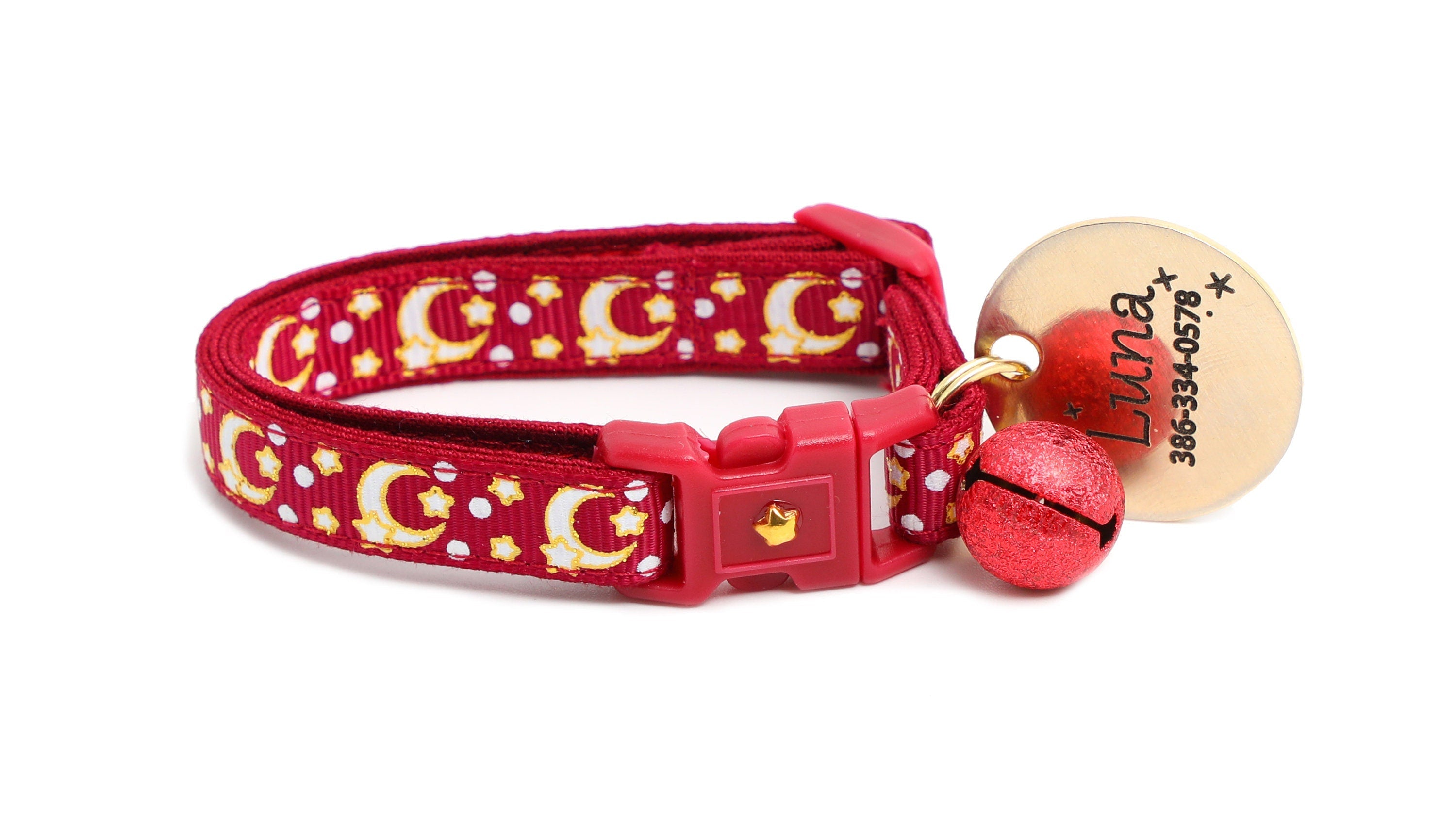 Gold Moons and Stars on Dark Red Cat Collar-7