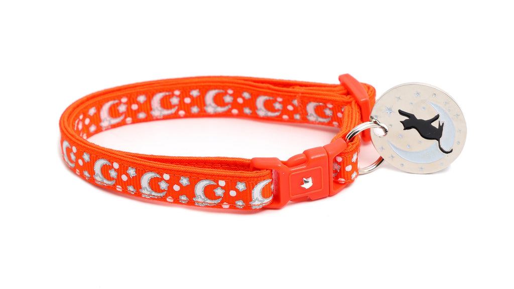 Silver Moons and Stars on Orange Cat Collar-4