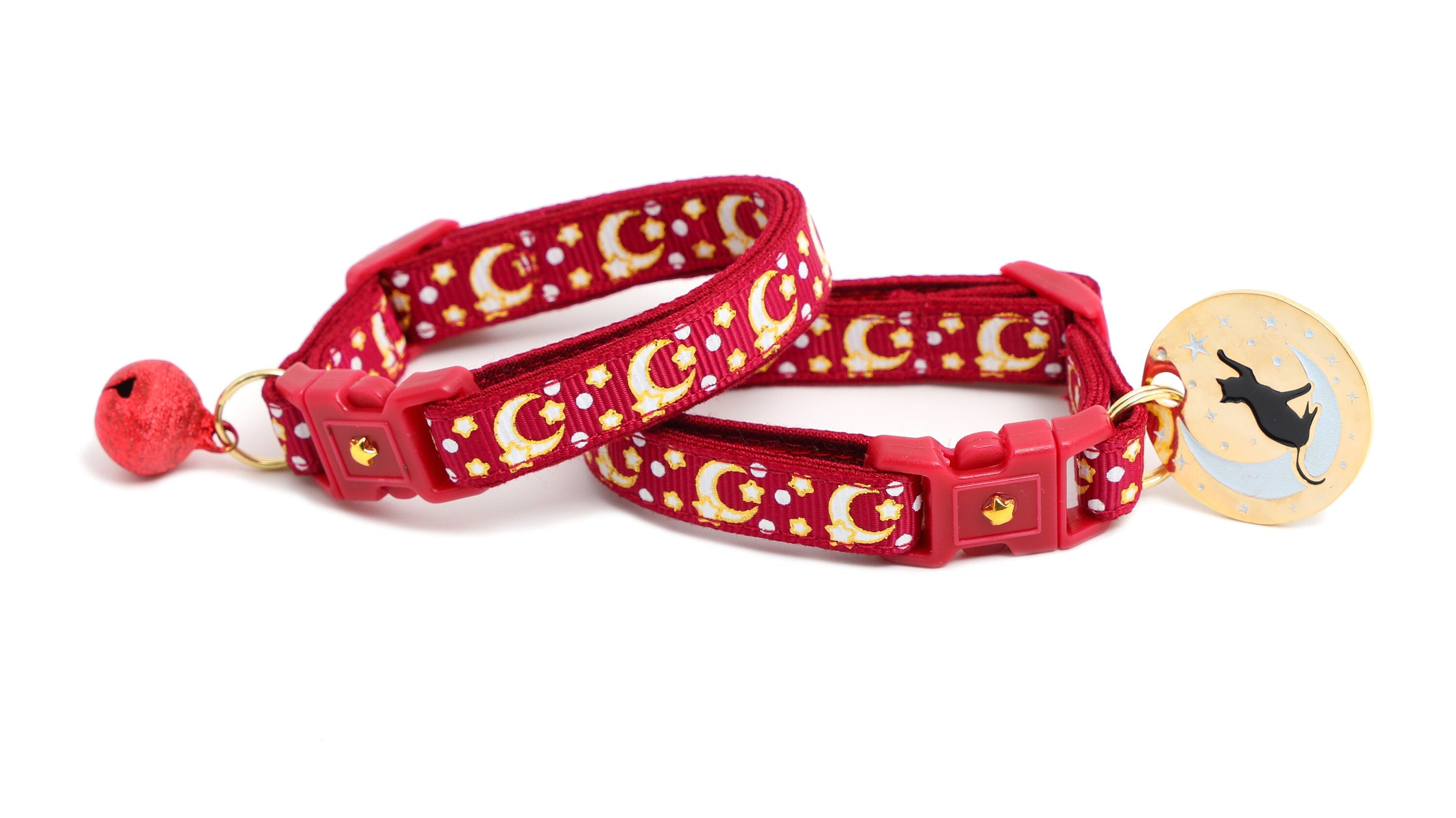 Gold Moons and Stars on Dark Red Cat Collar-2
