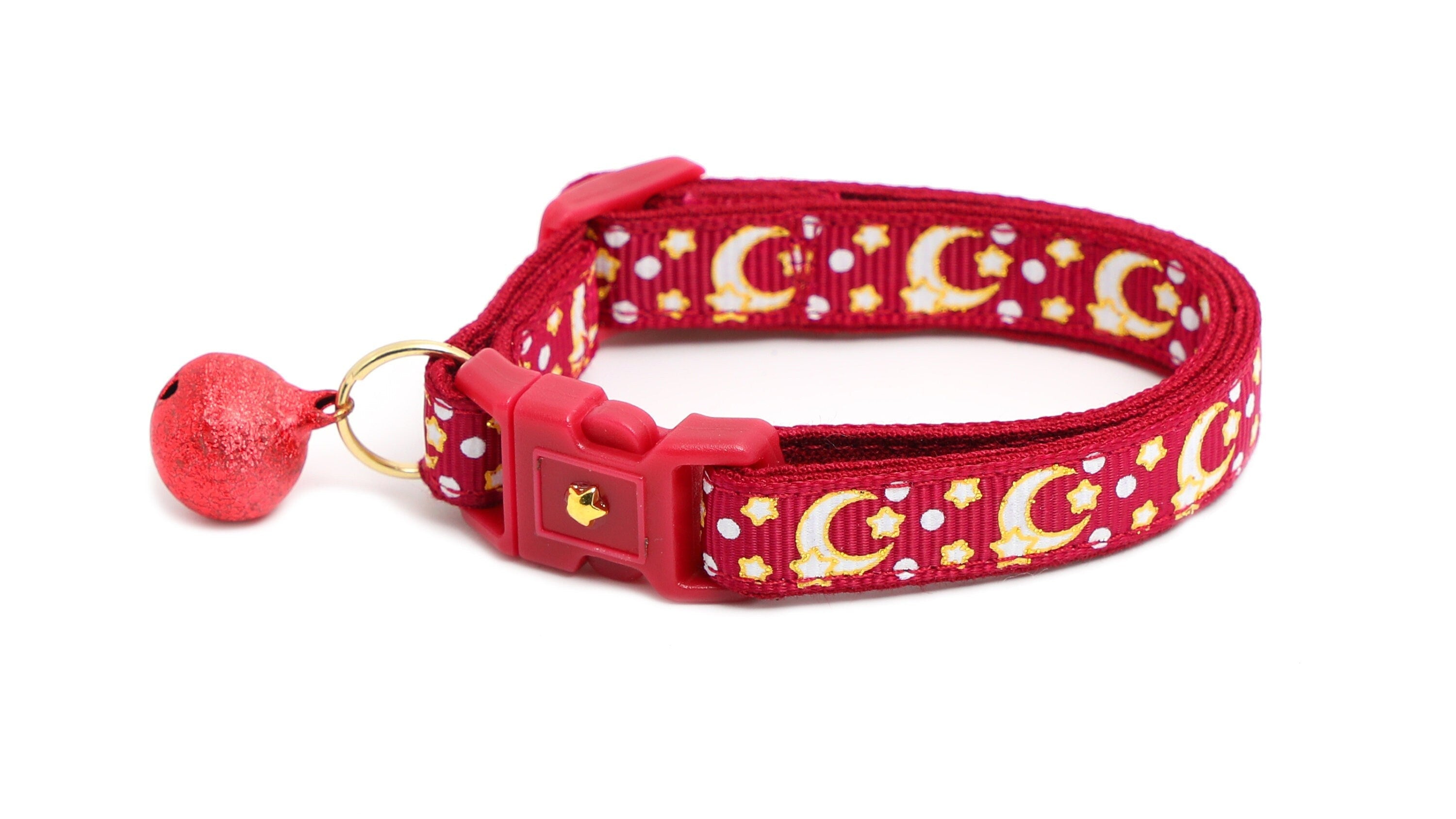 Gold Moons and Stars on Dark Red Cat Collar-0