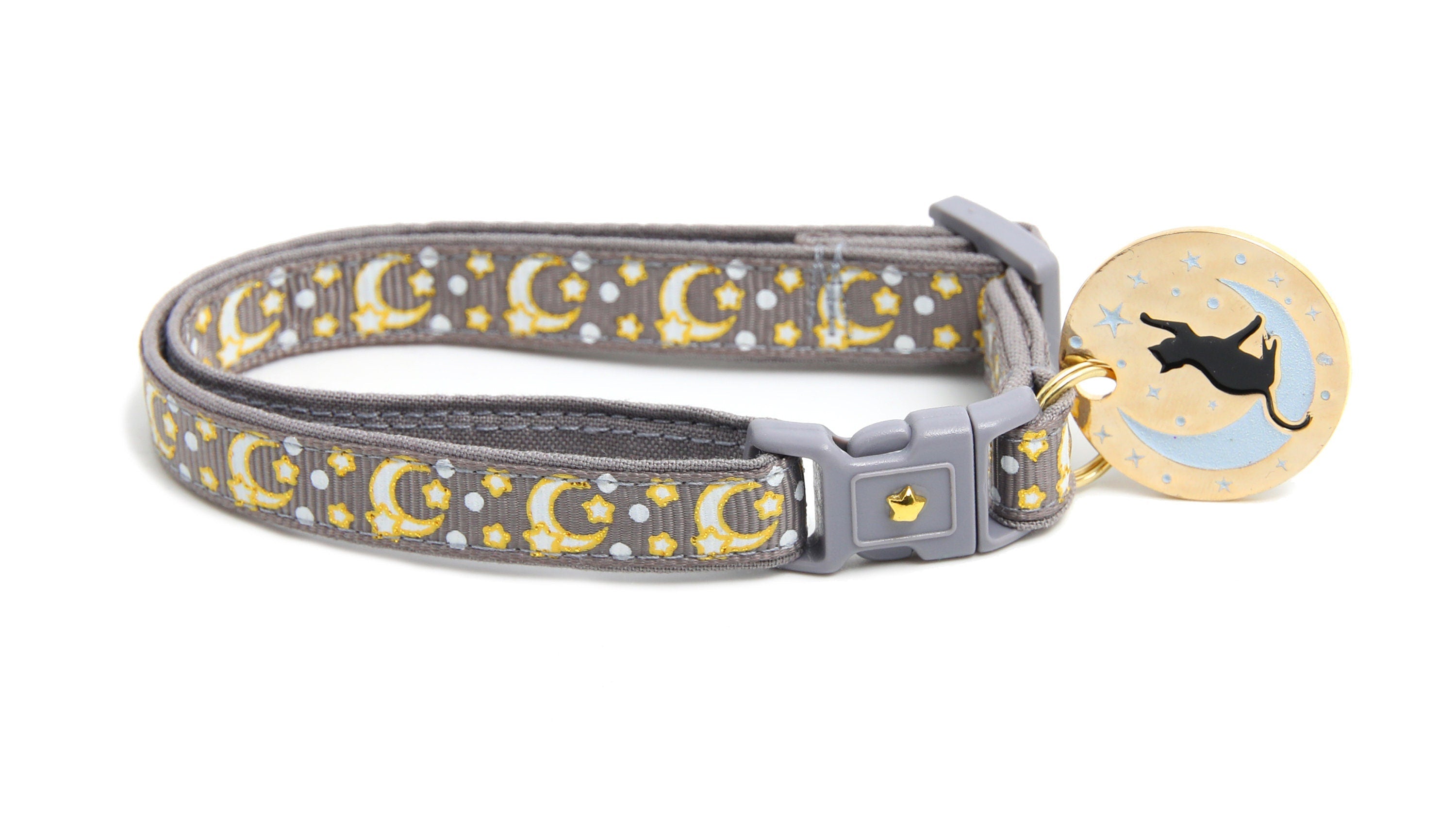 Gold Moons and Stars on Silver Cat Collar