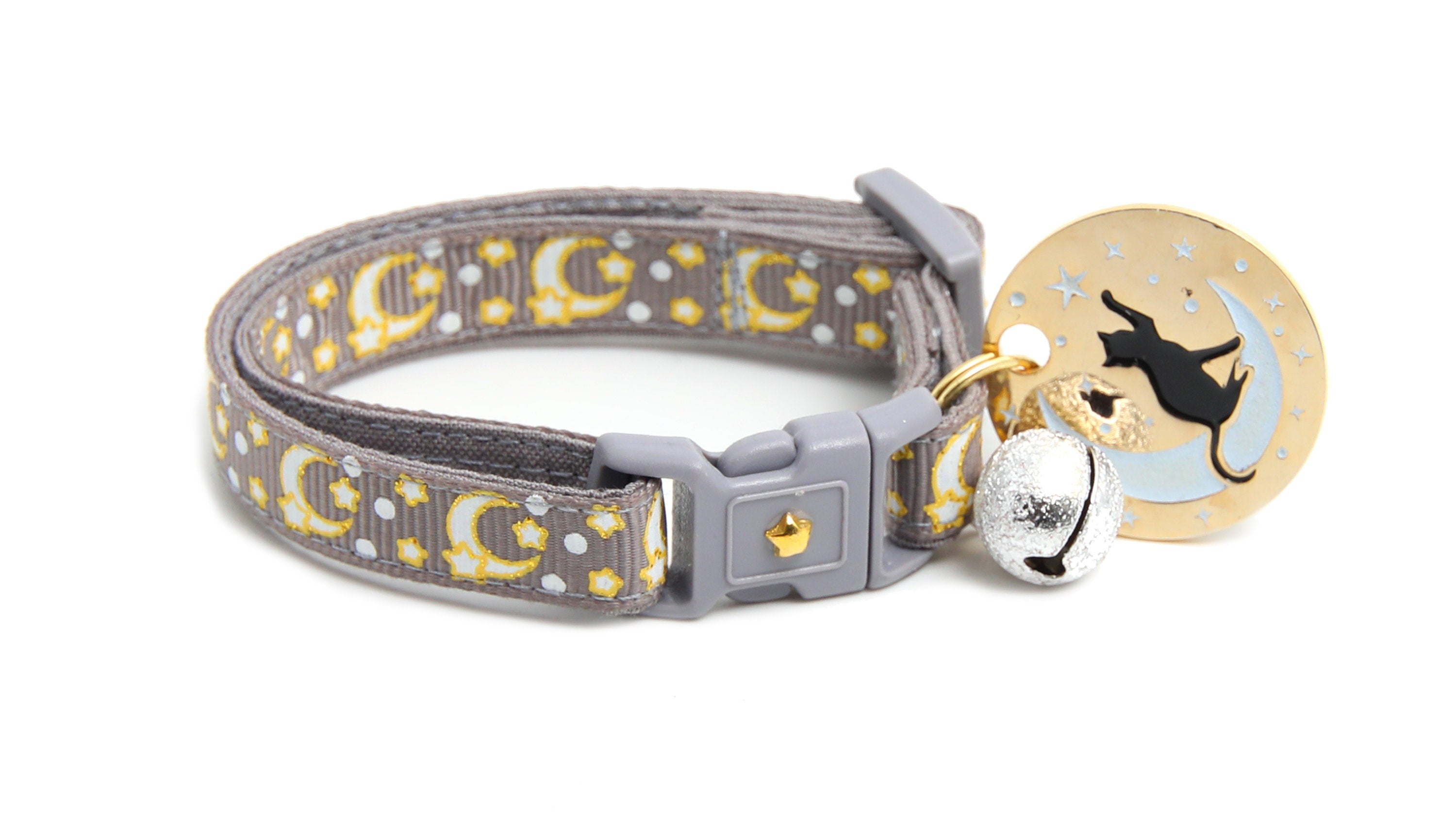Gold Moons and Stars on Silver Cat Collar