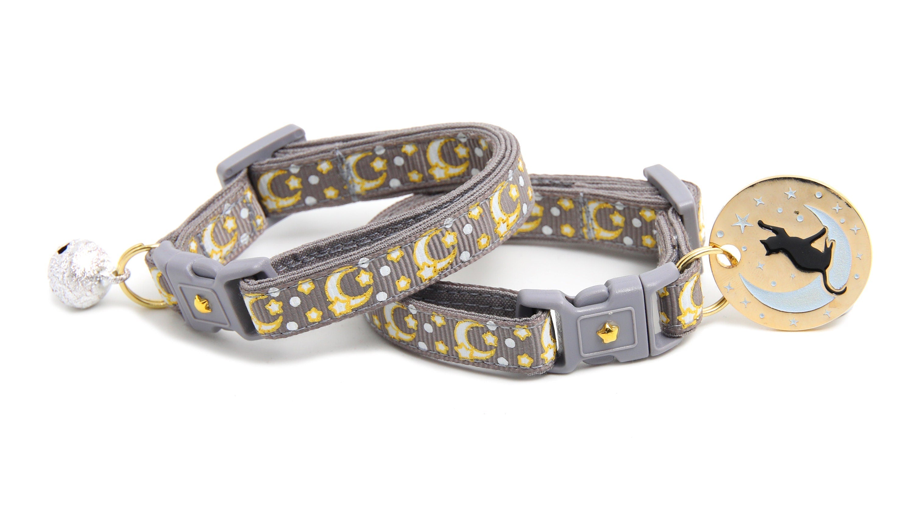 Gold Moons and Stars on Silver Cat Collar